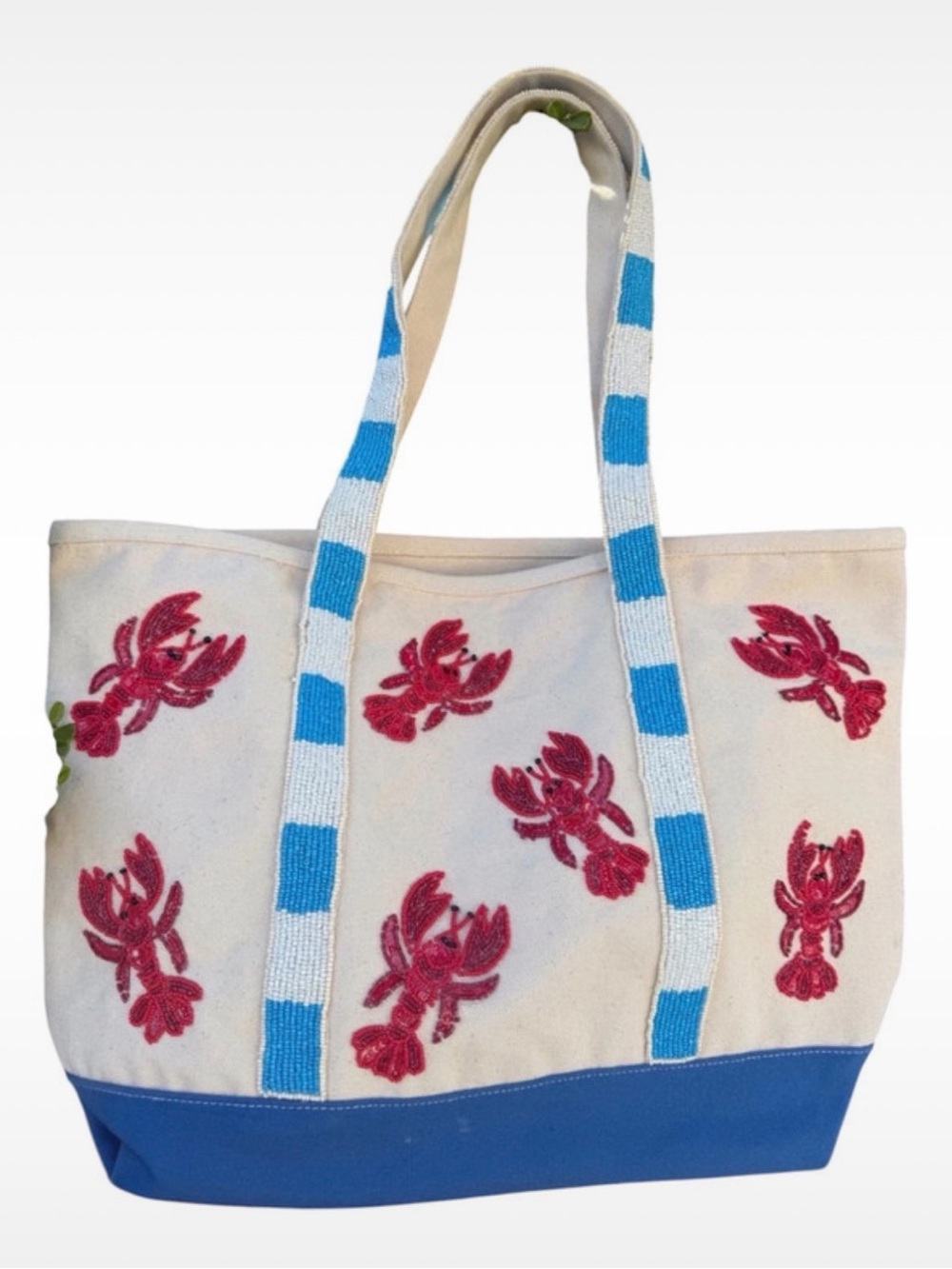 NWT Viral Beaded Cream Tote with Blue and White Trim & Red Beaded Lobster